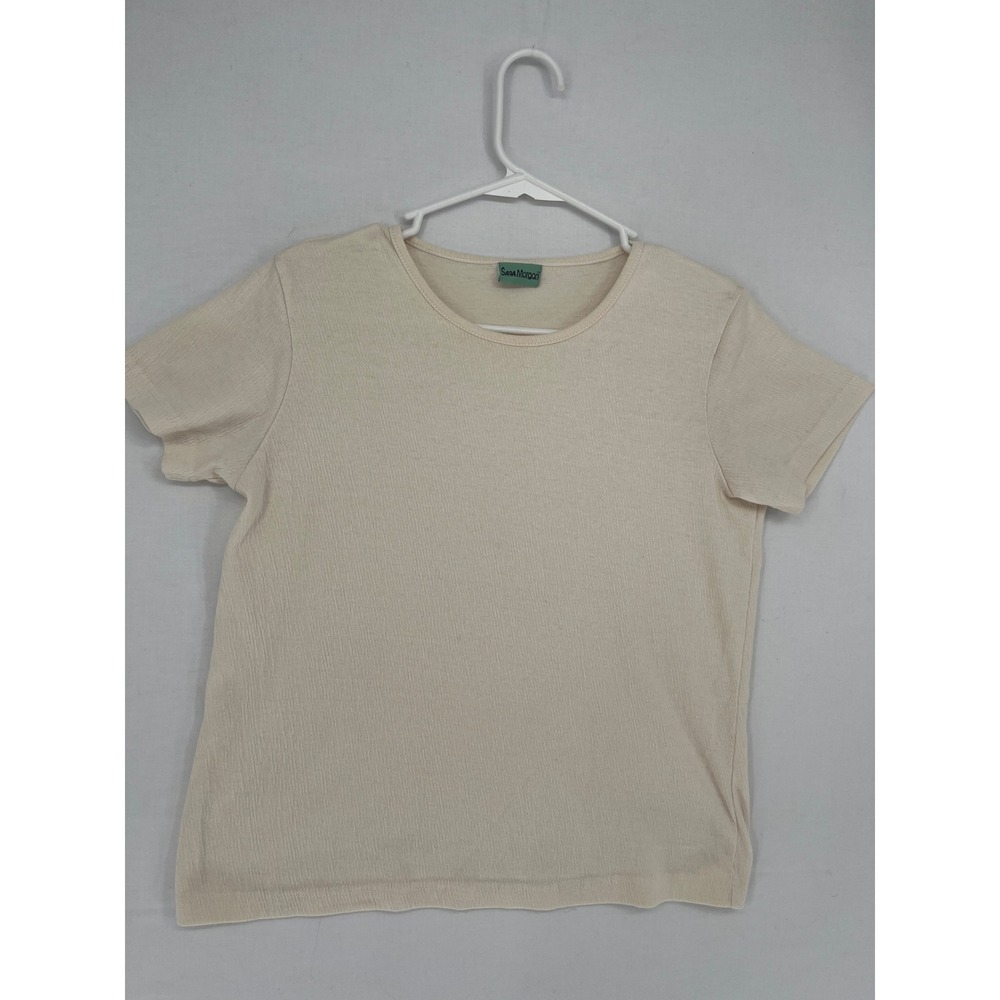 Sara Morgan Short Sleeve Textured Crew Neck Top Cream Off-White Shirt